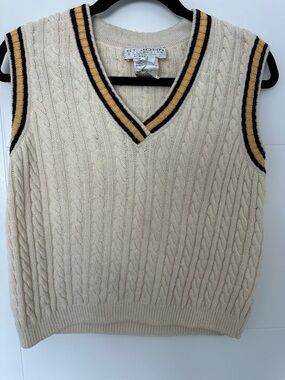 St. John Collection Cream Knit Sweater Vest with Navy & Mustard Trim